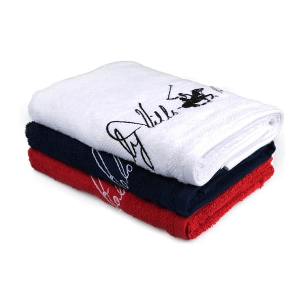 Sada bieleho, tmavomodrého a červeného uteráka Beverly Hills Polo Club Tommy Yazi, 50 × 100 cm