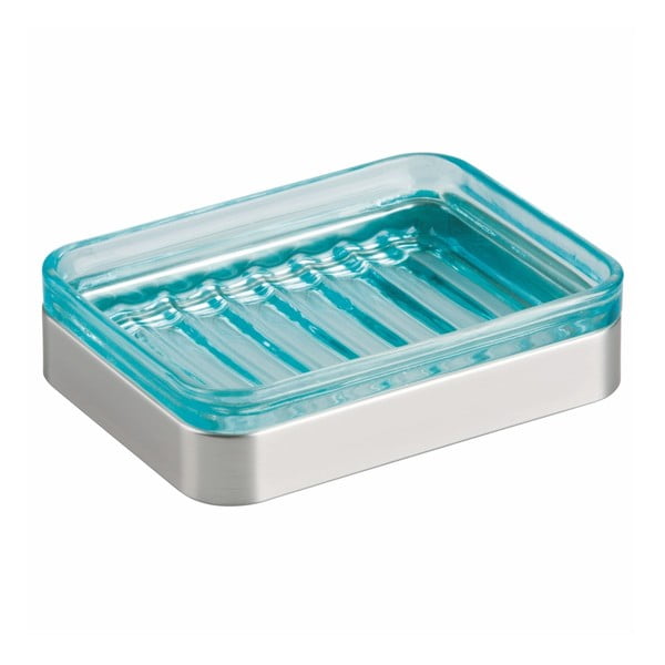 Modrá sklenená podložka pod mydlo s detailom v striebornej farbe InterDesign