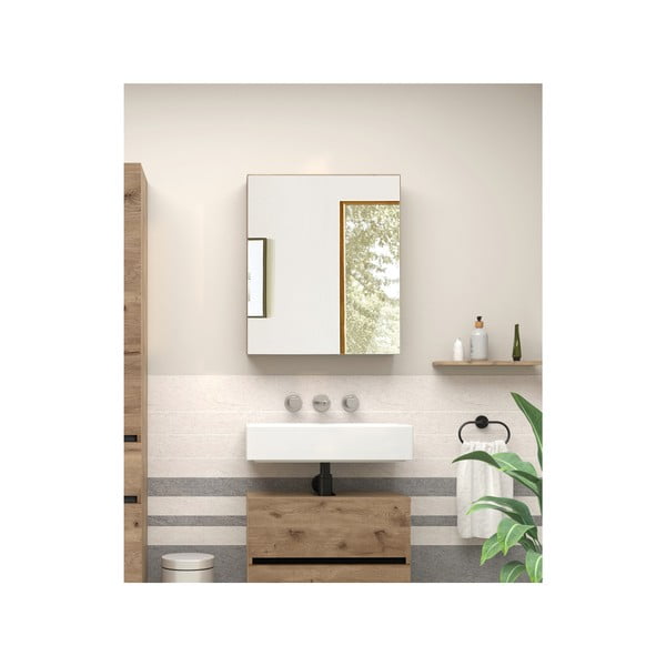 Závesná kúpeľňová skrinka so zrkadlom v dekore duba v prírodnej farbe 60x70 cm Wisla – Støraa-image-3
