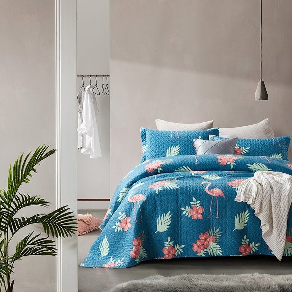 Modrá prikrývka z mikroperkálu s dvoma obliečkami na vankúš Sleeptime Flamingo, 250 x 260 cm