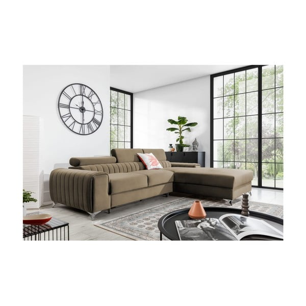 Svetlohnedá zamatová rozkladacia/s úložným priestorom rohová pohovka (pravý roh/s leňoškou) Grayson – ELTAP-image-1