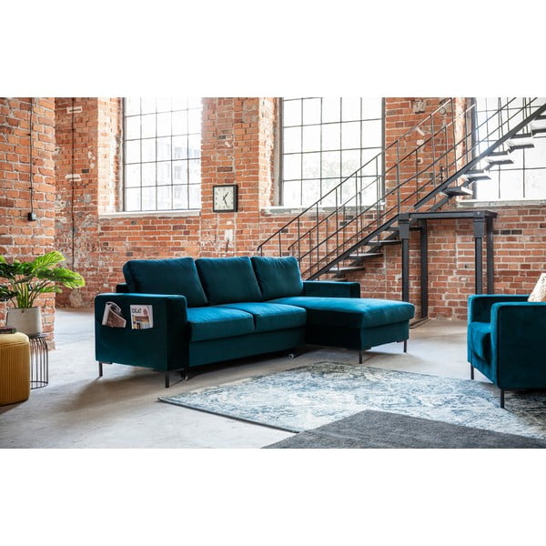 Zamatová rozkladacia rohová pohovka v petrolejovej farbe (pravý roh) Lofty Lilly – Miuform-image-3