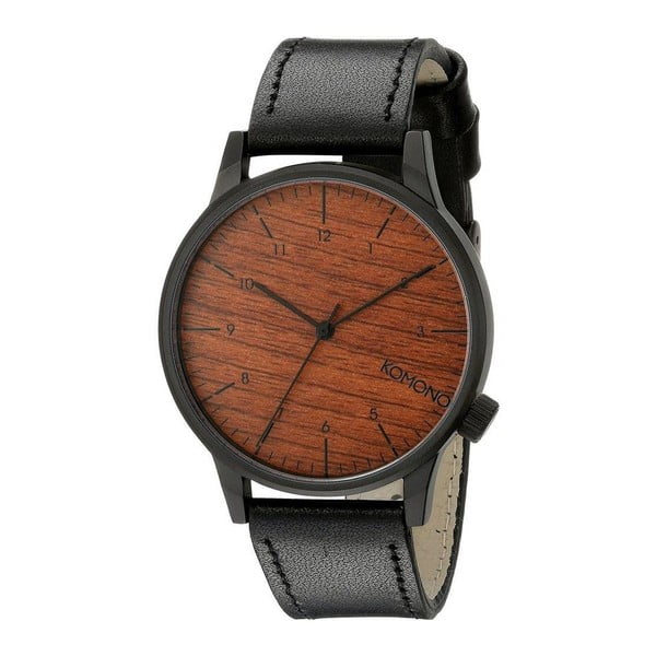 Pánske čierne hodinky s koženým remienkom a ciferníkom v dekore dreva Komono