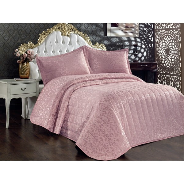 Ružový bavlnený prešívaný set prikrývky a obliečky na vankúš na dvojlôžko 240x260 cm Bulut – Mijolnir