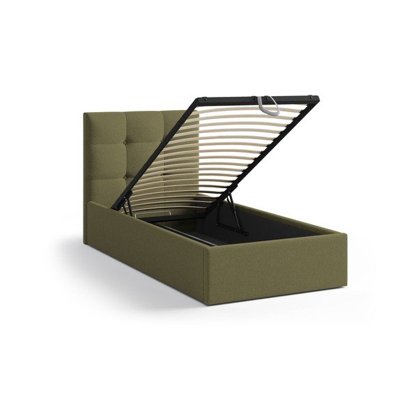Zelená čalúnená jednolôžková posteľ s úložným priestorom s roštom 90x200 cm Phaedra – Micadoni -image-1