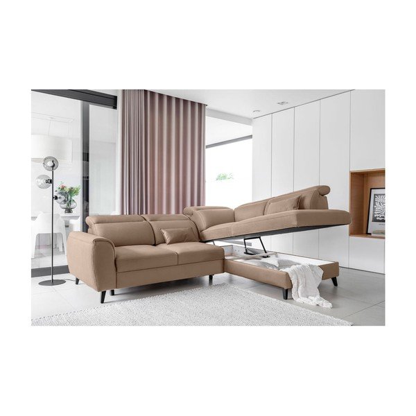 Svetlohnedá zamatová rozkladacia/s úložným priestorom rohová pohovka (pravý roh/do L) Noble – ELTAP-image-3