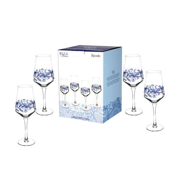 Sada 4 bielo-modrých sklenených pohárov na víno Spode Blue Italian, 450 ml