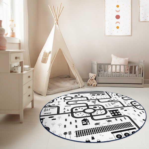 Čierno-biely prateľný detský hrací koberec ø100 cm In My Town – Mila Home-image-2