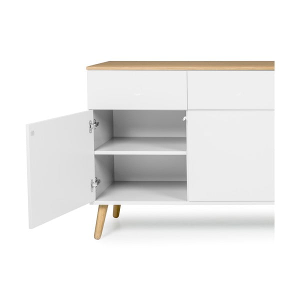 Biely štvordverový príborník s detailmi v dekore dubového dreva so 4 zásuvkami Tenzo Dot-image-3