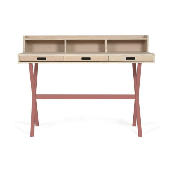 Pracovný stôl z dubového dreva s ružovými kovovými nohami HARTÔ Hyppolite, 120 × 55 cm