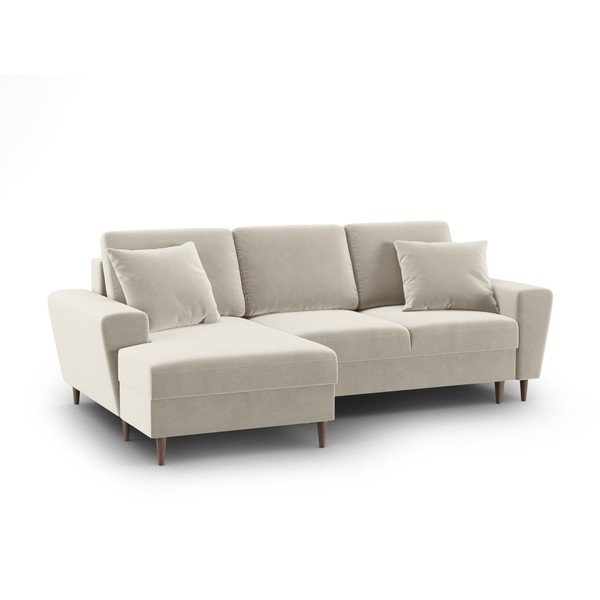 Béžová zamatová rozkladacia/s úložným priestorom rohová pohovka (ľavý roh/s leňoškou) Kyoto – Cosmopolitan Design-image-1