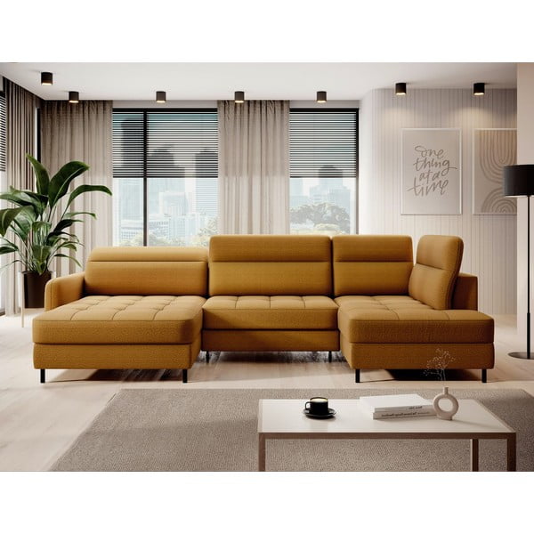 Žltá zamatová rozkladacia/s úložným priestorom rohová pohovka (pravý roh/do tvaru "U") Berrto – ELTAP-image-1