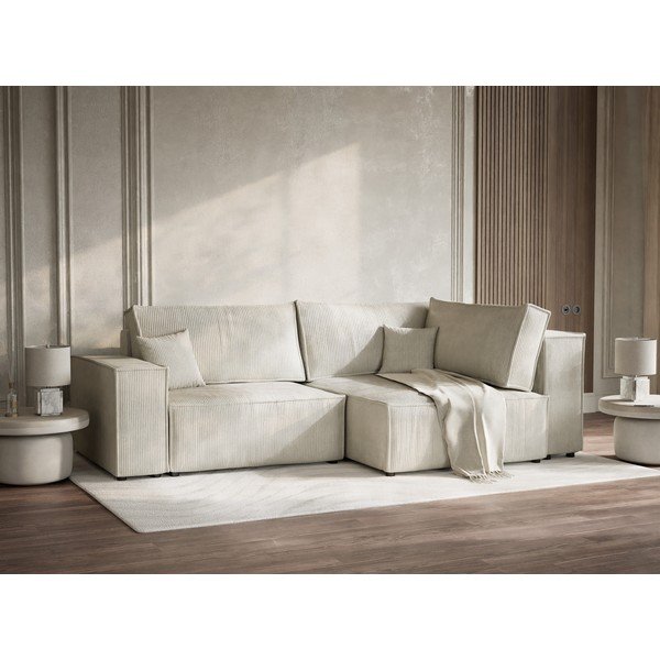 Krémová menčestrová rozkladacia/s úložným priestorom rohová pohovka (pravý roh/do L) Tonga – Maison de Rêve-image-4