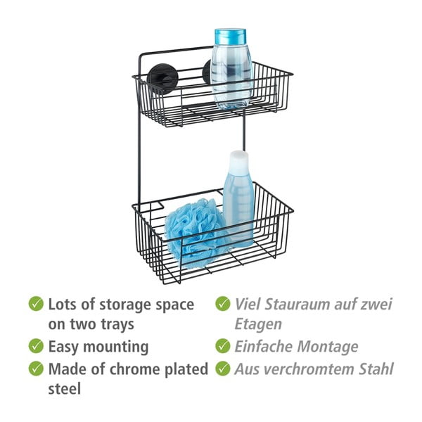 Čierna nástenná dvojposchodová polica do kúpeľne Wenko Vacuum-Loc® Pavia-image-2