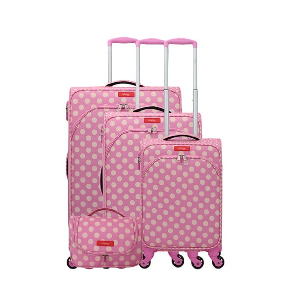 Set 3 ružových kufrov na 4 kolieskach a kozmetického kufríka Lollipops
