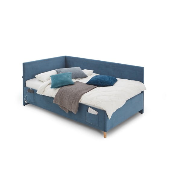 Modrá čalúnená rohová detská posteľ s úložným priestorom s roštom 140x200 cm Cool – Meise Möbel-image-3