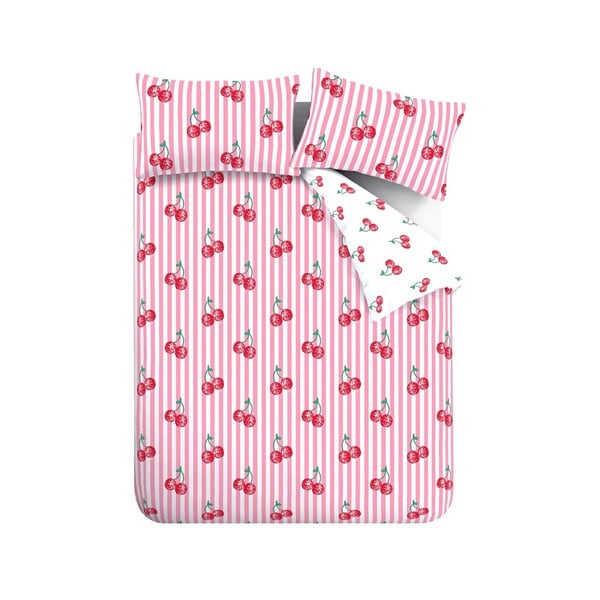 Biele/ružové obliečky na dvojlôžko/predĺžené 230x220 cm Disco Cherries Stripes – Catherine Lansfield