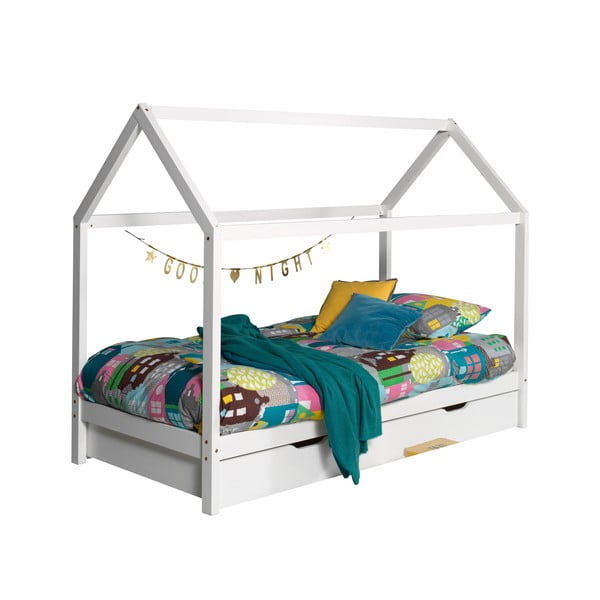 Biela domčeková detská posteľ z borovicového dreva s výsuvným lôžkom a úložným priestorom 90x200 cm DALLAS – Vipack