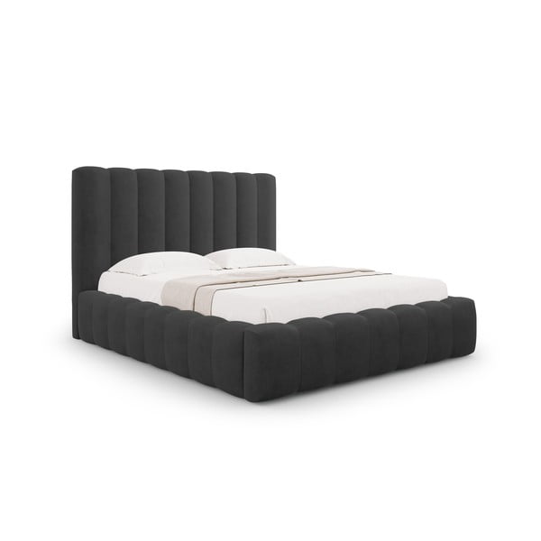 Antracitová čalúnená dvojlôžková posteľ s úložným priestorom a roštom 180x200 cm Kelp – Micadoni Home-image-1