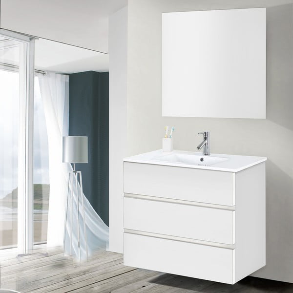 Kúpeľňová skrinka s umývadlom a zrkadlom Nayade, odtieň bielej, 80 cm