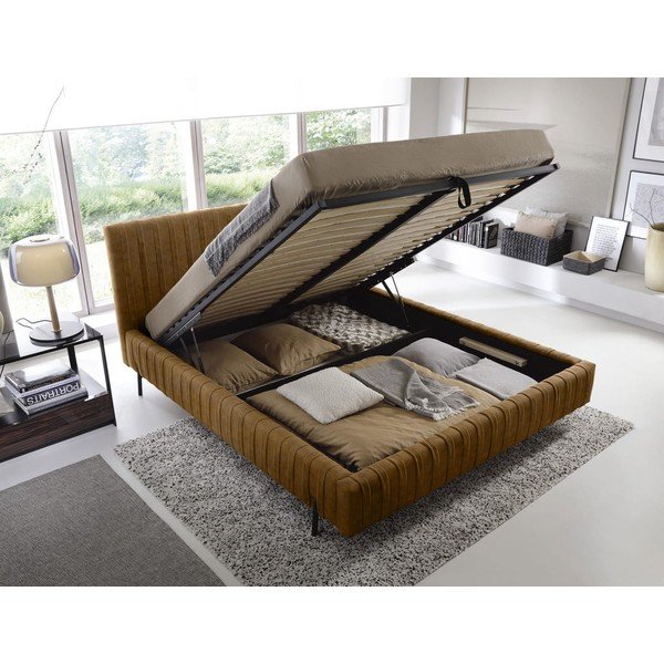 Okrovožltá čalúnená dvojlôžková posteľ s úložným priestorom s roštom 160x200 cm Plissa – ELTAP-image-2