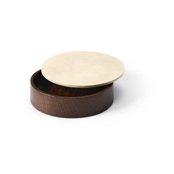 Hnedý/krémový drevený/z eko kože úložný box s vekom/dekoratívny ø 11x3,5 cm Circle Nupo – LIND DNA-image-1