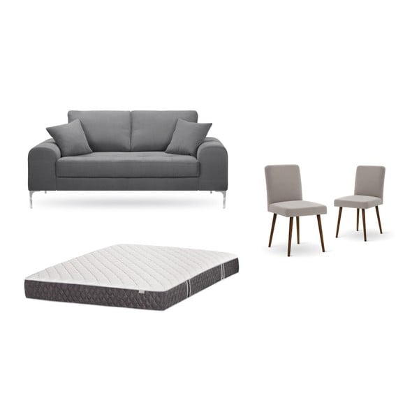 Set dvojmiestnej sivej pohovky, 2 sivobéžových stoličiek a matraca 140 × 200 cm Home Essentials