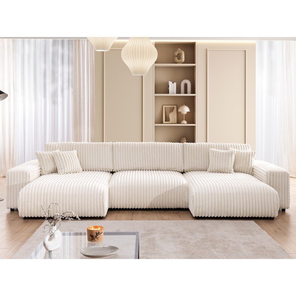 Krémová menčestrová rozkladacia/s úložným priestorom rohová pohovka (do tvaru "U") Sarina – Ropez-image-1