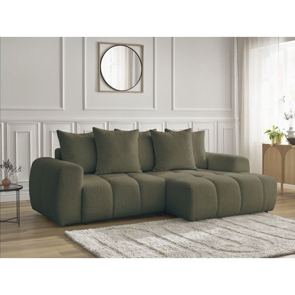 Kaki rozkladacia/s úložným priestorom rohová pohovka z textílie buklé (pravý roh/s leňoškou) Roxelane – Bobochic Paris-image-3