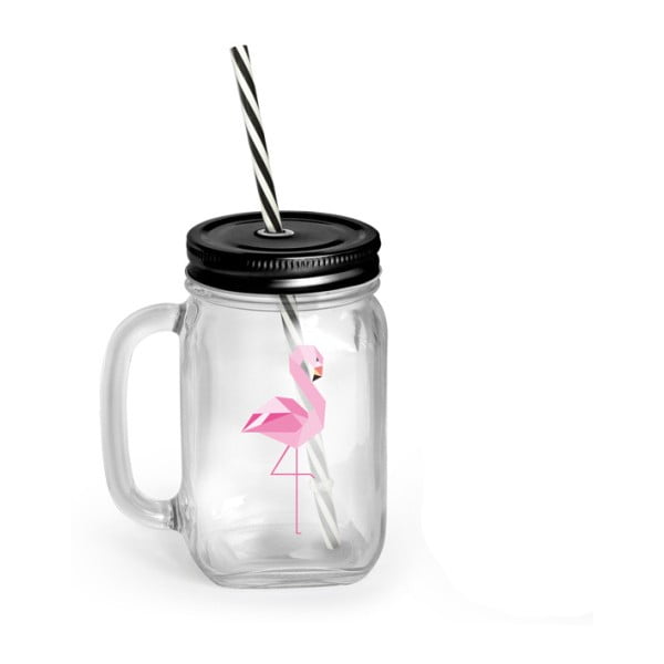Pohár s krytom a slamkou Vialli Design Mia Natura Flamingo, 450 ml
