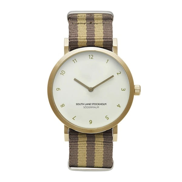 Unisex hodinky s hnedo-béžovým remienkom South Lane Stockholm Sodermalm Gold Stripes