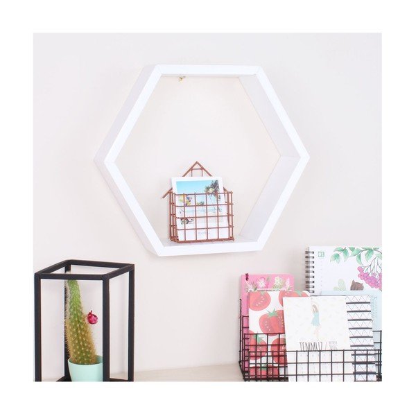 Biela drevená nástenná polička North Carolina Scandinavian Home Decors Hexagon