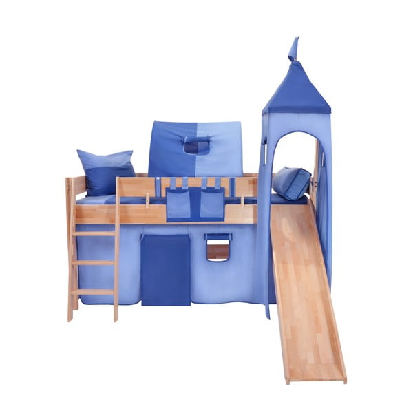 Detská poschodová posteľ so šmýkačkou a modrým hradným bavlneným setom Mobi furniture Luk, 200 x 90 cm