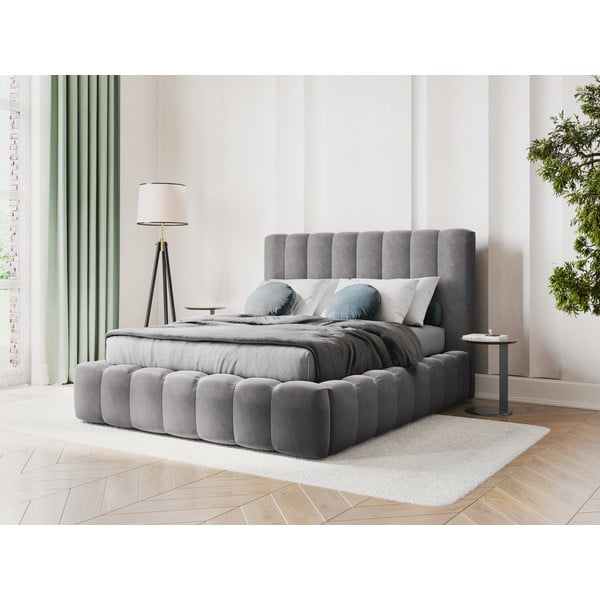 Sivá čalúnená dvojlôžková posteľ s úložným priestorom s roštom 200x200 cm Kelp – Micadoni Home-image-1