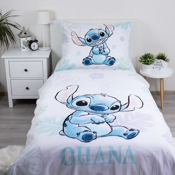 Biele bavlnené detské obliečky na jednolôžko 140x200 cm Lilo and Stitch "Ohana White" – Jerry Fabrics-image-1