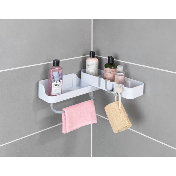 Biela rohová samodržiaca kúpeľňová polička - Maximex-image-3
