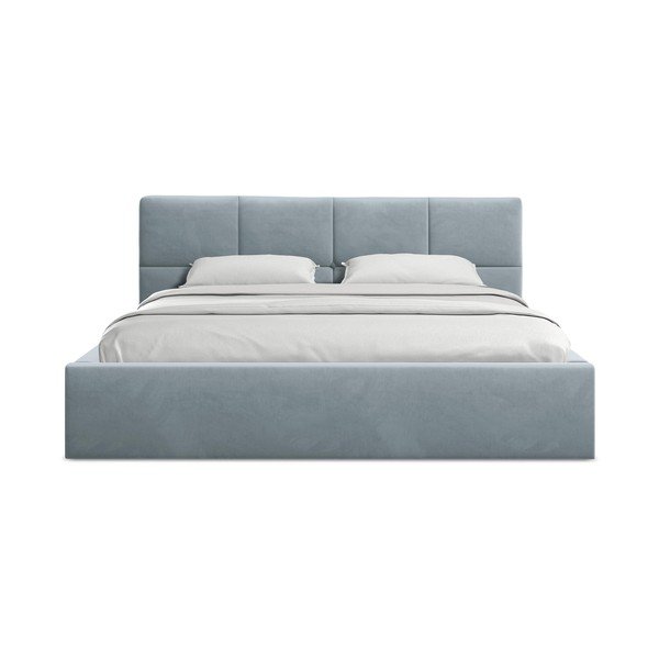 Svetlomodrá zamatová čalúnená dvojlôžková posteľ s úložným priestorom s roštom 140x200 cm Hiko – Makamii-image-3