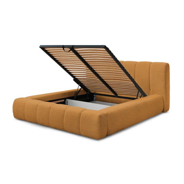 Čalúnená dvojlôžková posteľ s úložným priestorom s roštom 160x200 cm v horčicovej farbe Denali – Bobochic Paris-image-4