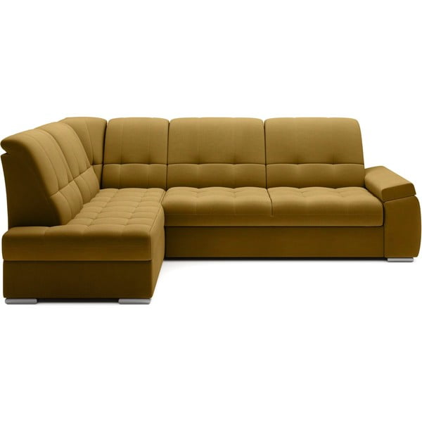 Žltá zamatová rozkladacia/s úložným priestorom rohová pohovka (ľavý roh/do L) Sado – ELTAP