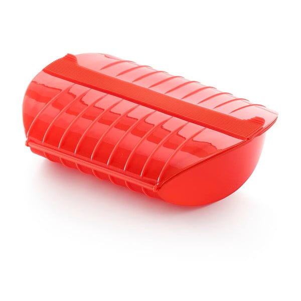 Červená silikónová nádoba s podnosom na pečenie v páre pre 3- 4 porcie Lékué Steam Case