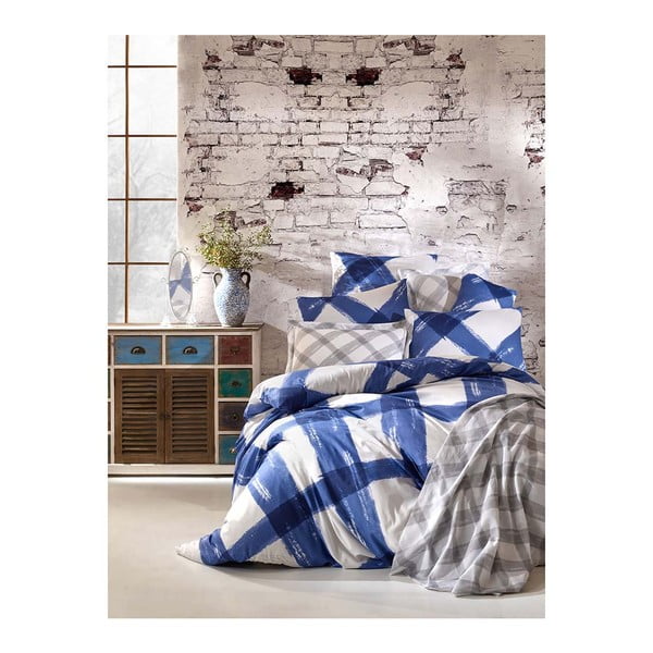 Bavlnené obliečky s plachtou na dvojlôžko Sanura Azul, 200 × 220 cm