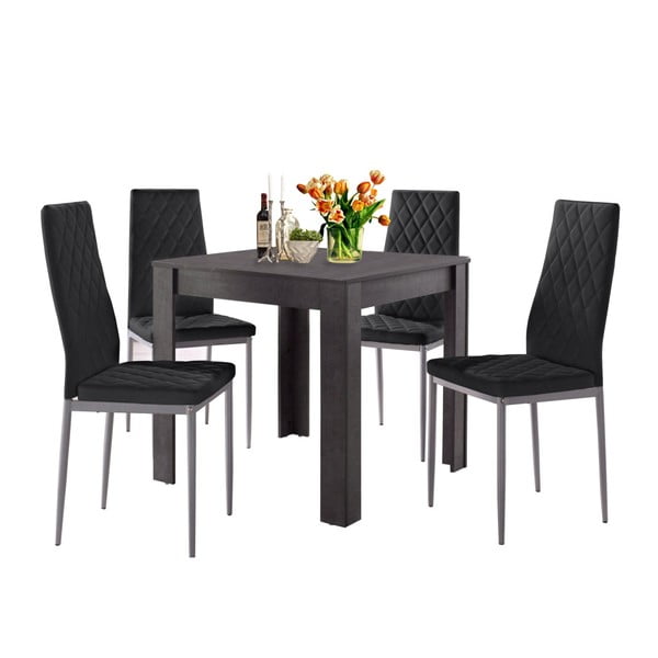 Set jedálenského stola v betónovom dekore a 4 čiernych jedálenských stoličiek Støraa Lori and Barak, 80 x 80 cm