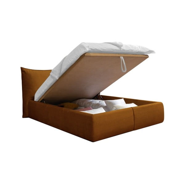 Okrovožltá zamatová čalúnená dvojlôžková posteľ s úložným priestorom s roštom 160x200 cm Jade - Bobochic Paris-image-3