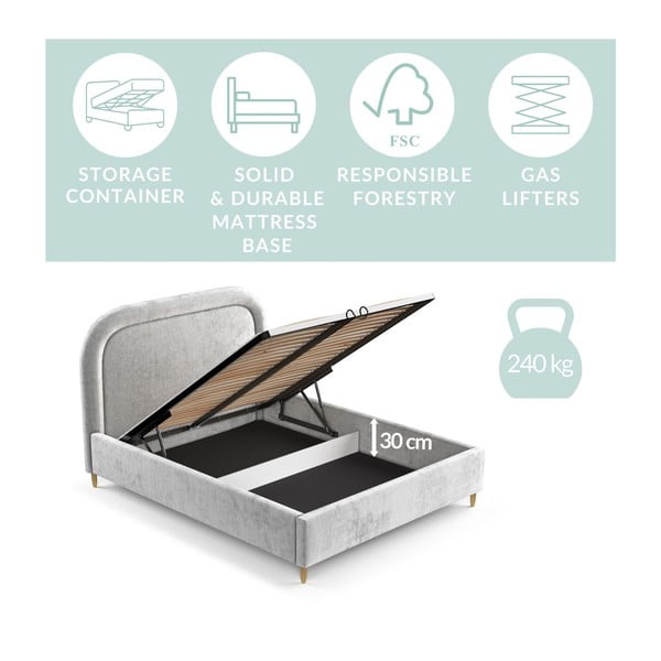 Svetlosivá čalúnená dvojlôžková posteľ s úložným priestorom s roštom 140x200 cm Mija – Maison de Rêve-image-3