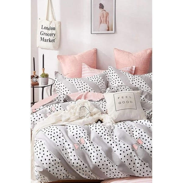 Bielo-ružové predĺžené štvordielne bavlnené obliečky na dvojlôžko s plachtou 200x220 cm Bow and Polka-Dot – Mila Home