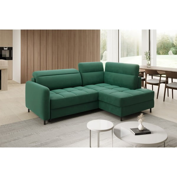 Zelená zamatová rozkladacia/s úložným priestorom rohová pohovka (pravý roh/do L) Barea – ELTAP-image-3