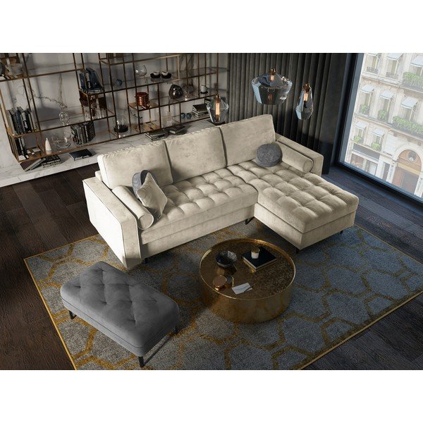 Béžová zamatová rozkladacia rohová pohovka Milo Casa Santo, pravý roh-image-1