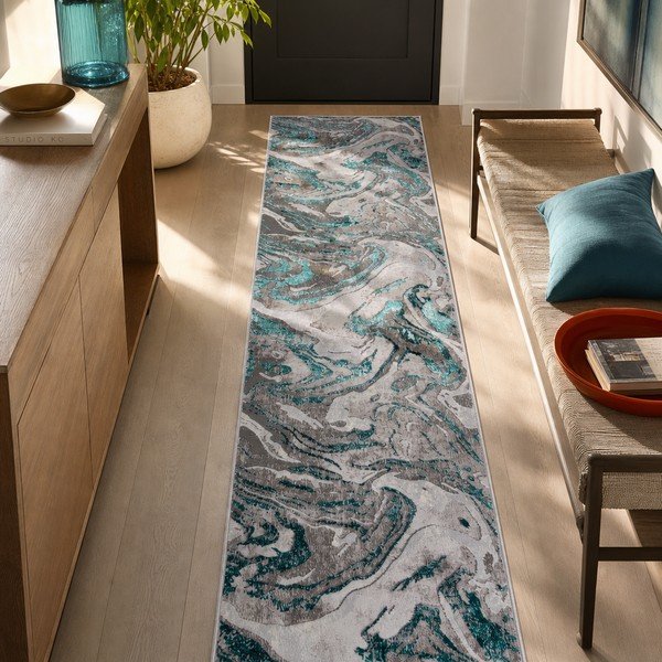 Sivo-tyrkysový behúň 80x300 cm Marbled – Flair Rugs-image-2