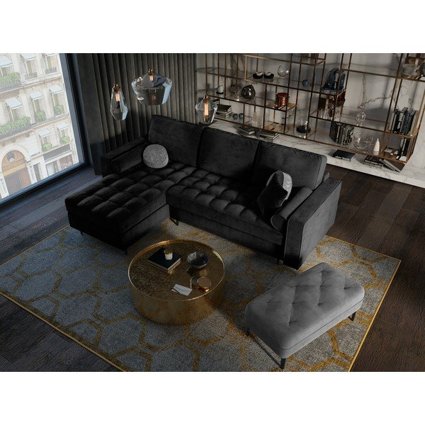 Čierna zamatová rozkladacia rohová pohovka Milo Casa Santo, ľavý roh-image-1