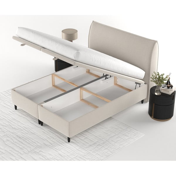 Béžová čalúnená dvojlôžková posteľ s úložným priestorom 160x200 cm Pearl – Maison de Rêve-image-3